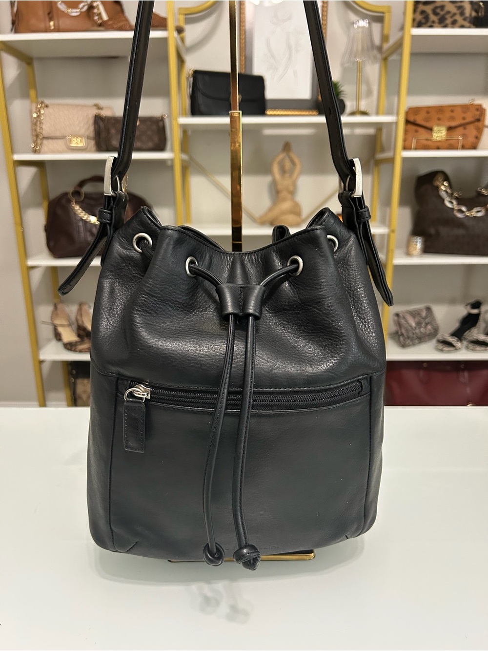 Classic Black Leather Drawstring Bucket Bag by Stone Mountain Leather